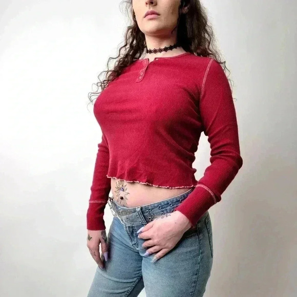 Vintage Y2K Cropped Frilly Long Sleeve Tee Shirt - L - Picture 3 of 7